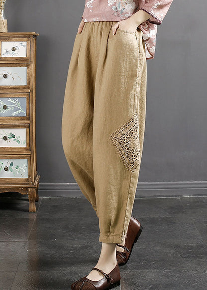 Khaki Embroidered Linen Crop Pants Summer