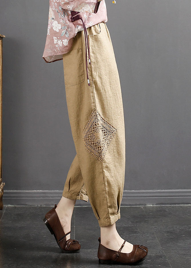 Khaki Embroidered Linen Crop Pants Summer