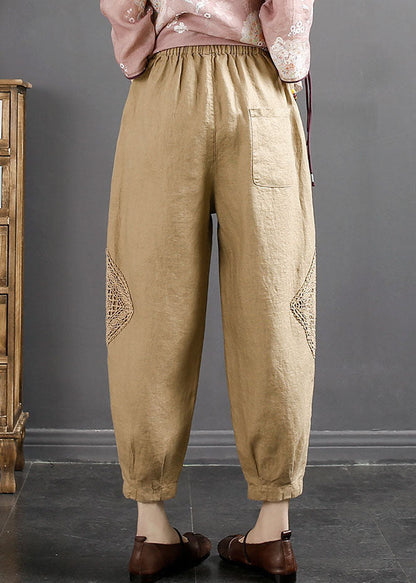 Khaki Embroidered Linen Crop Pants Summer