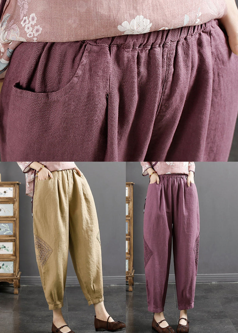 Khaki Embroidered Linen Crop Pants Summer