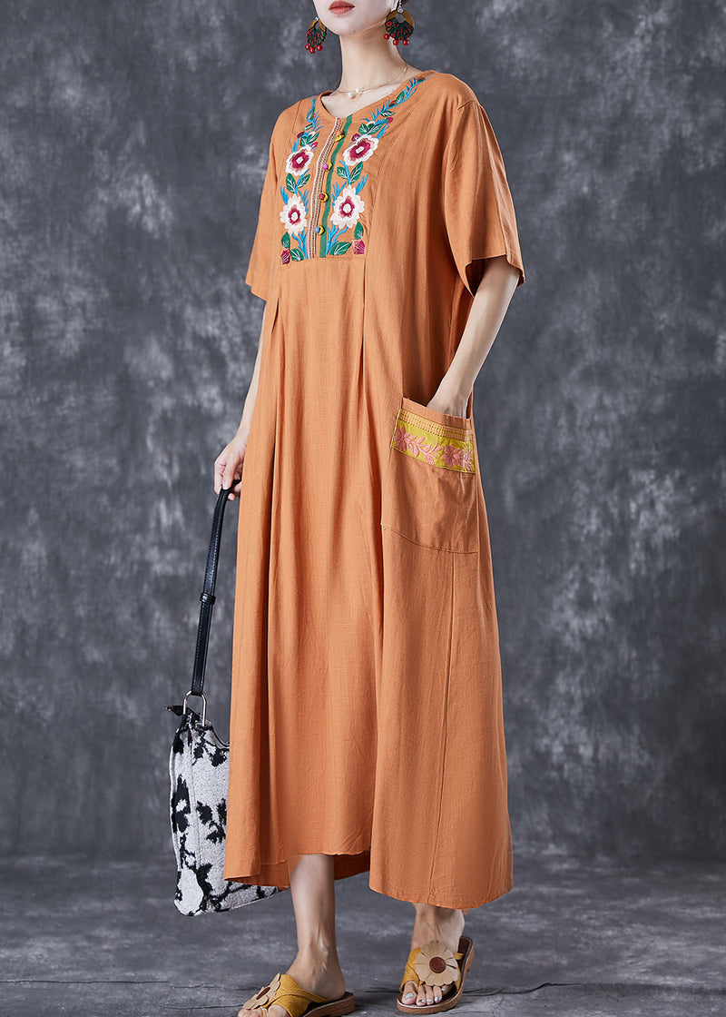 Khaki Embroideried Linen Maxi Dress Summer