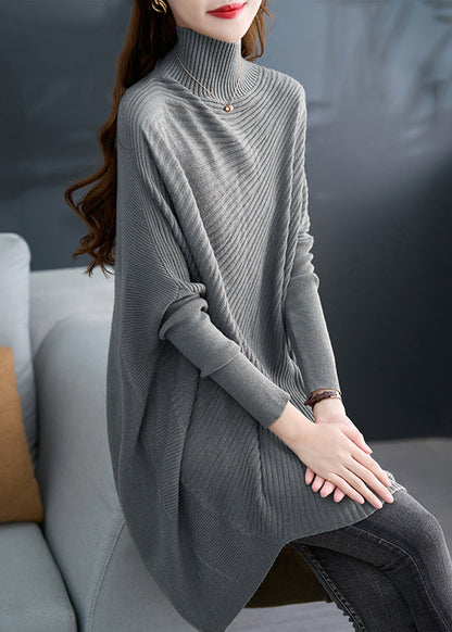 Khaki Green Hign Neck Asymmetrical Knit Sweater Fall