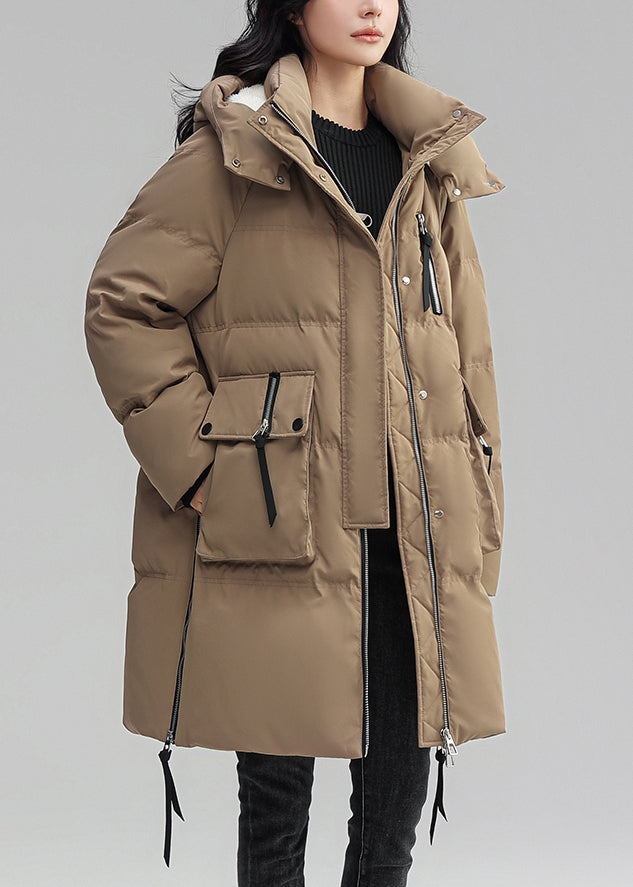 Khaki Hooded Button Patchwork Duck Down Coat Winter