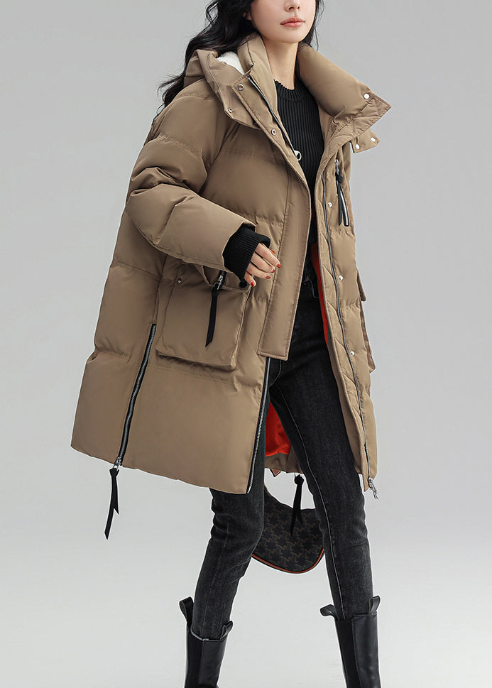 Khaki Hooded Button Patchwork Duck Down Coat Winter