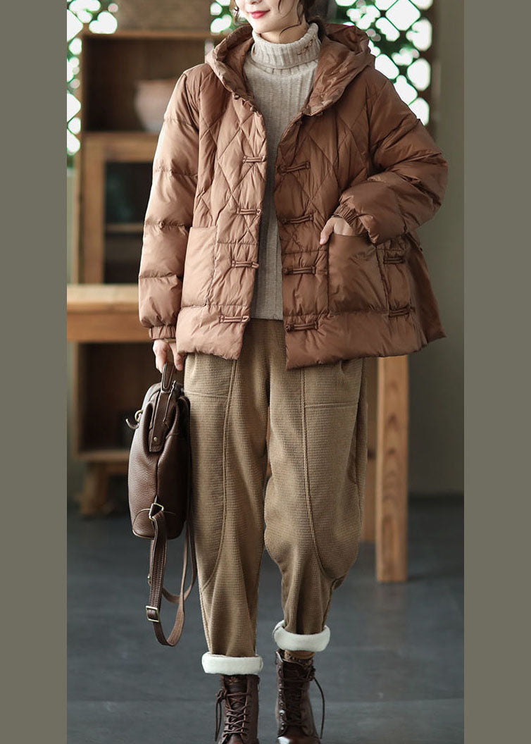 Khaki Hooded Oriental Button Pockets Duck Down Down Jacket Winter