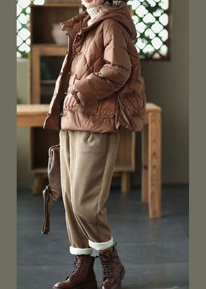Khaki Hooded Oriental Button Pockets Duck Down Down Jacket Winter