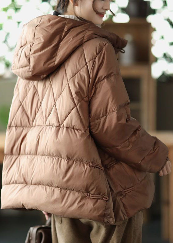 Khaki Hooded Oriental Button Pockets Duck Down Down Jacket Winter