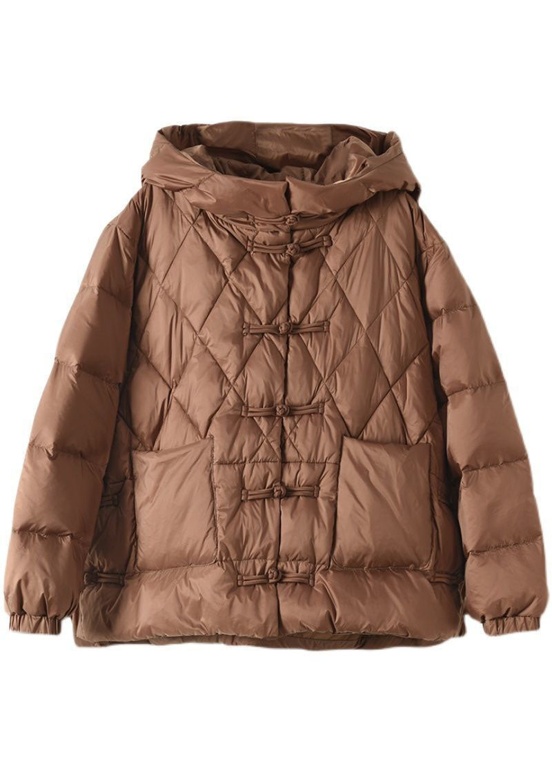 Khaki Hooded Oriental Button Pockets Duck Down Down Jacket Winter
