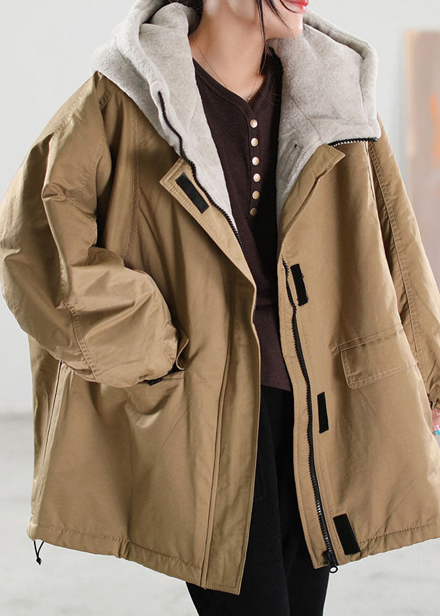 Khaki Hooded Patchwork Faux Fur Coat Winter