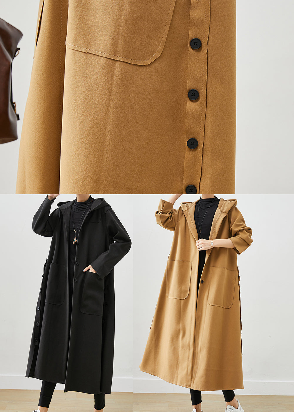 Khaki Hooded Pockets Cotton Trench Fall