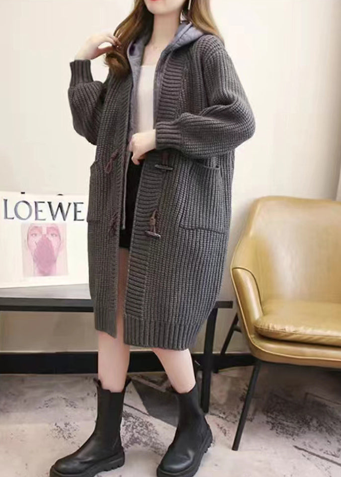 Khaki Hooded Pockets Patchwork Knit Coats Fall