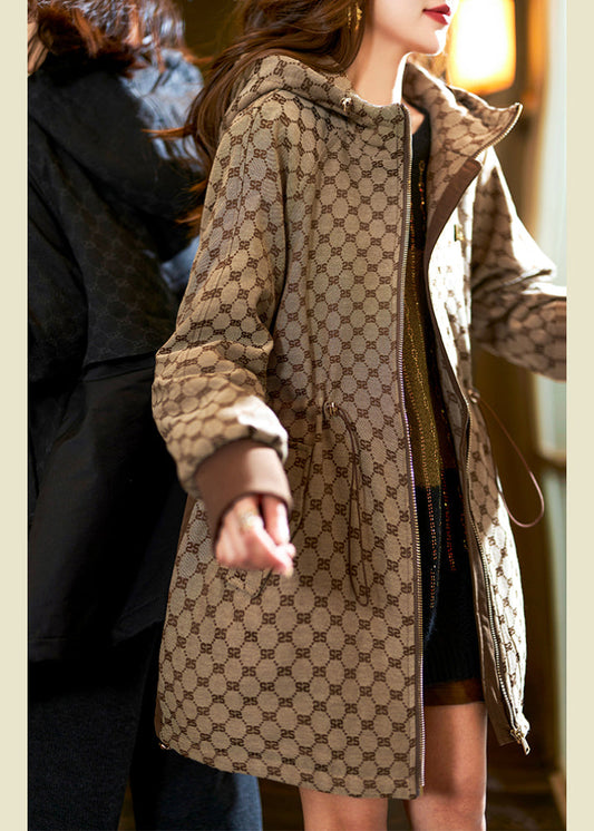 Khaki Hooded Print Drawstring Cotton Filled Coats Long Sleeve