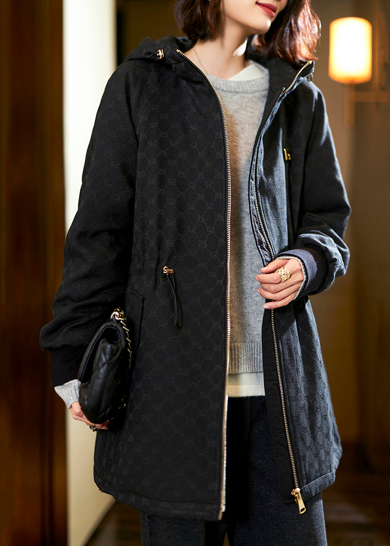 Khaki Hooded Print Drawstring Cotton Filled Coats Long Sleeve