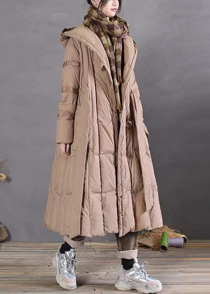 Khaki Hooded Tie Waist Patchwork Duck Down Long Coat Winter