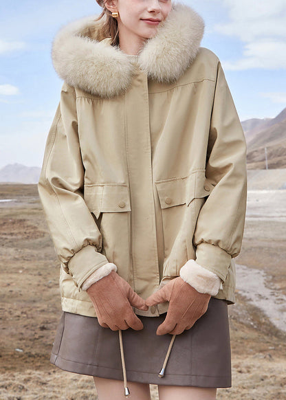 Khaki Hooded Zippered Pockets Cotton Parka Winter
