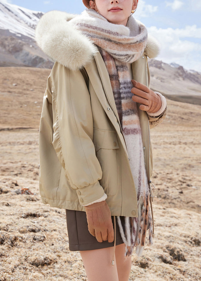 Khaki Hooded Zippered Pockets Cotton Parka Winter