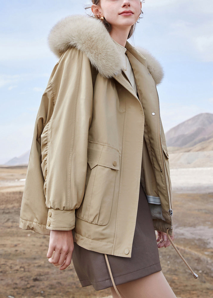 Khaki Hooded Zippered Pockets Cotton Parka Winter