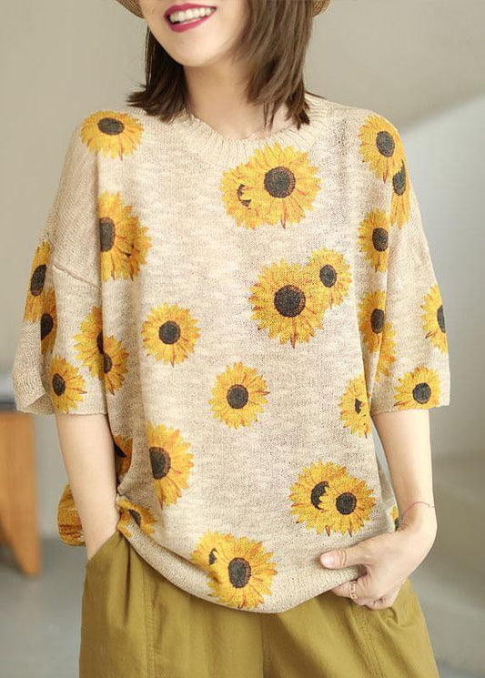 Khaki Knit O-neck Loose Fall Half Sleeve Top