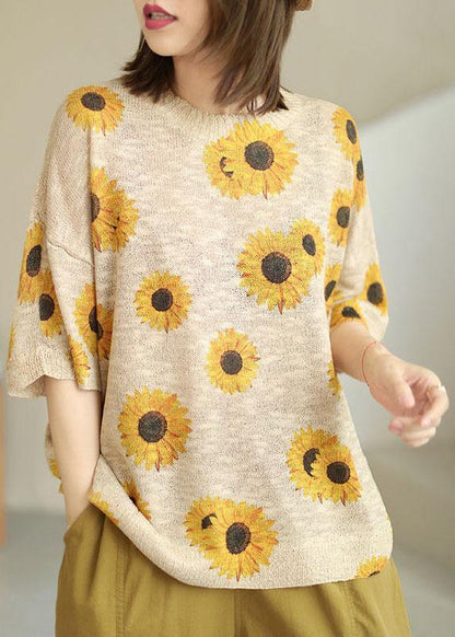 Khaki Knit O-neck Loose Fall Half Sleeve Top