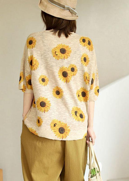 Khaki Knit O-neck Loose Fall Half Sleeve Top