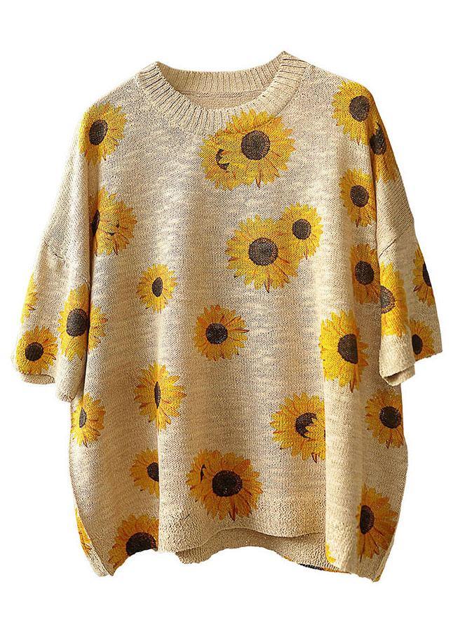 Khaki Knit O-neck Loose Fall Half Sleeve Top