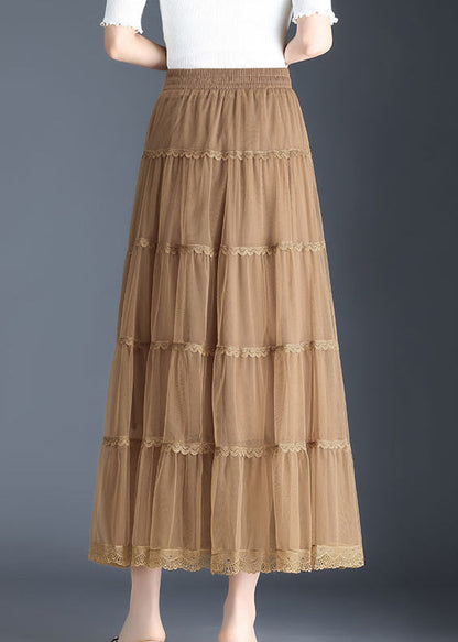 Khaki Lace Tiered Wrinkled Fall Skirt