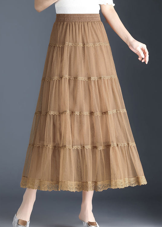 Khaki Lace Tiered Wrinkled Fall Skirt