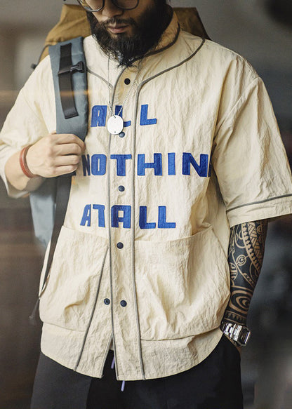 Khaki Letter Button Pockets Cotton Shirts Half Sleeve