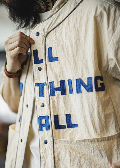 Khaki Letter Button Pockets Cotton Shirts Half Sleeve
