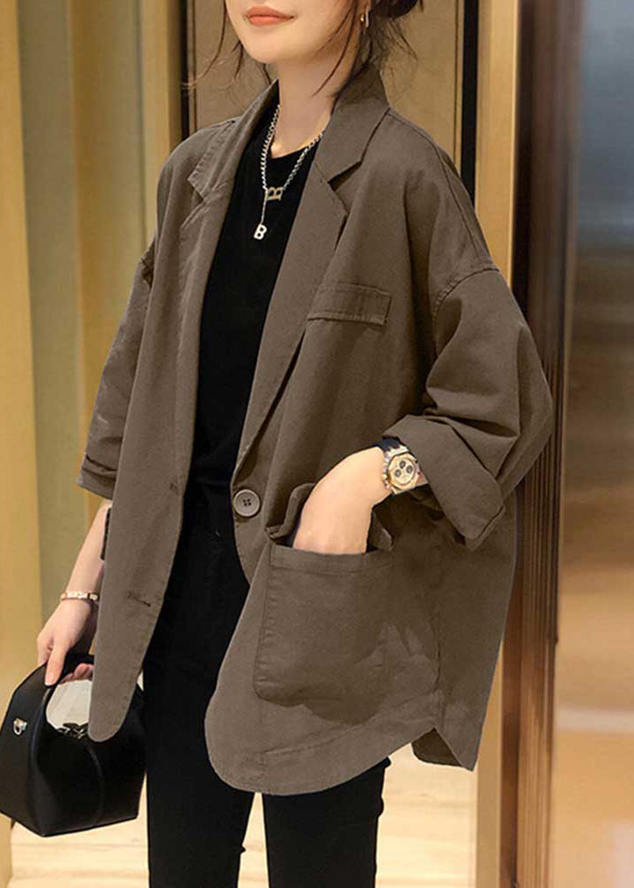 Khaki Notched Pockets Patchwork Cotton Coats Fall