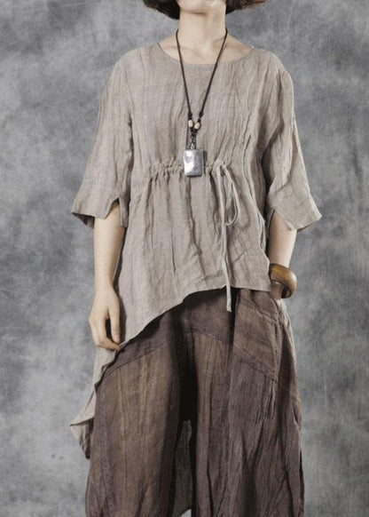 Khaki O-neck Asymmetrical Design Fall Half Sleeve Tops