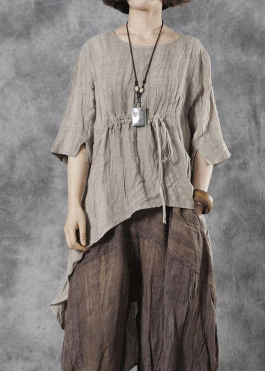 Khaki O-neck Asymmetrical Design Fall Half Sleeve Tops