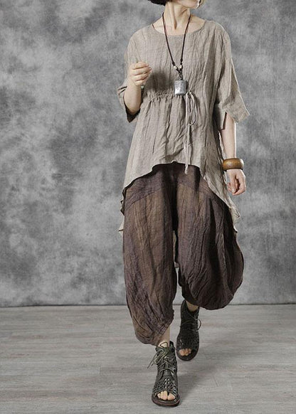 Khaki O-neck Asymmetrical Design Fall Half Sleeve Tops