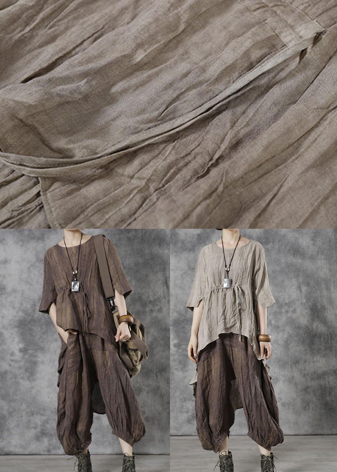 Khaki O-neck Asymmetrical Design Fall Half Sleeve Tops