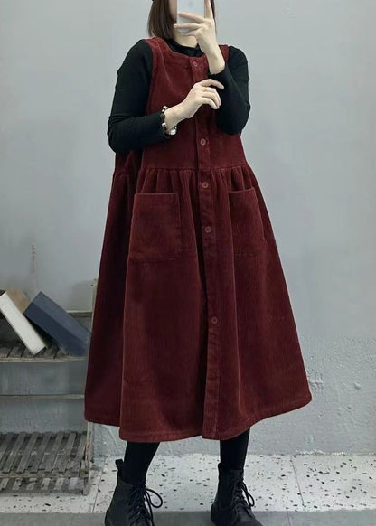 Khaki O Neck Button Pockets Corduroy Long Dresses Sleeveless
