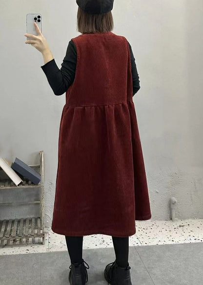 Khaki O Neck Button Pockets Corduroy Long Dresses Sleeveless