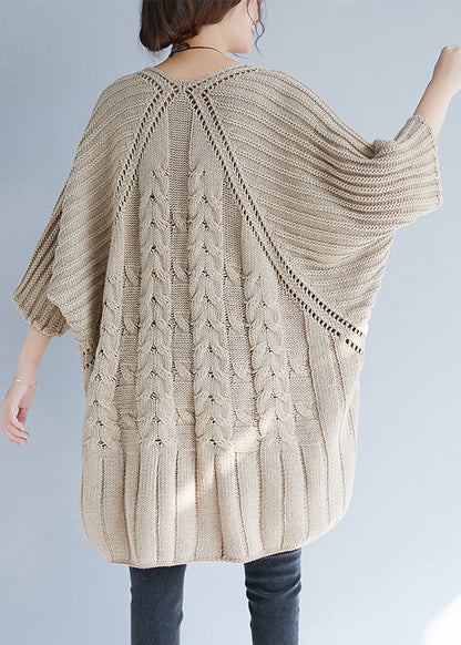Khaki O Neck Hollow Out Knit Tops Batwing Sleeve