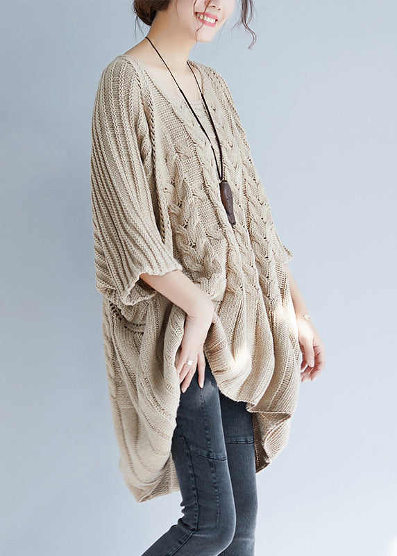 Khaki O Neck Hollow Out Knit Tops Batwing Sleeve