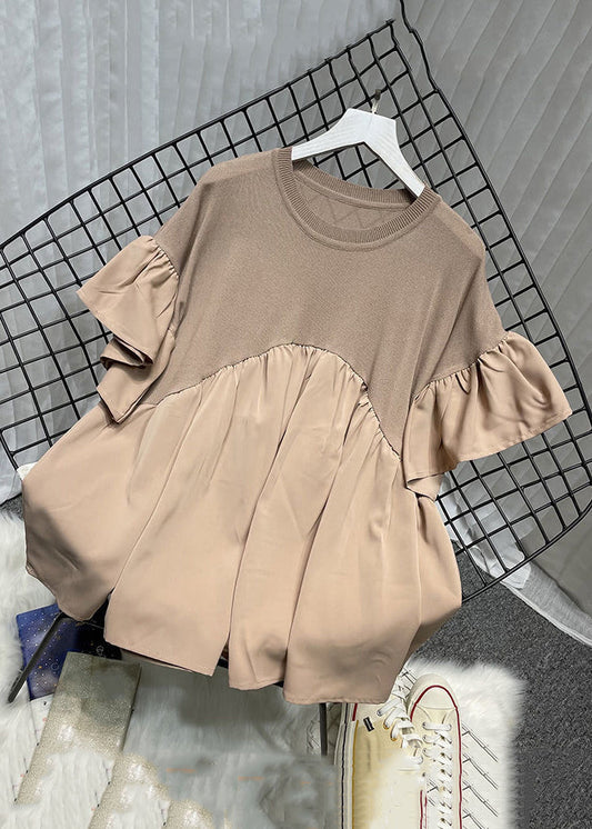 Khaki O Neck Knit Patchwork Chiffon T Shirt Summer