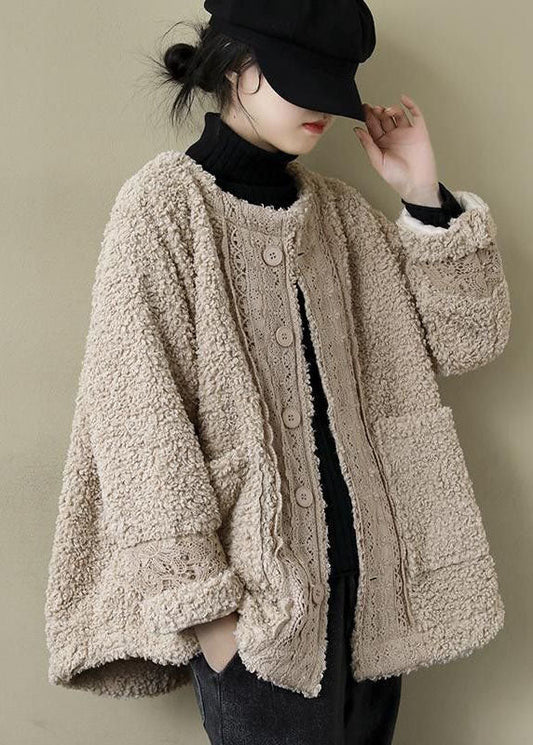 Khaki O-neck Lacer Patchwork Teddy Faux Fur Parka Winter