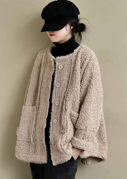 Khaki O-neck Lacer Patchwork Teddy Faux Fur Parka Winter