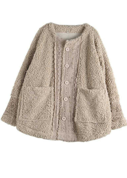 Khaki O-neck Lacer Patchwork Teddy Faux Fur Parka Winter