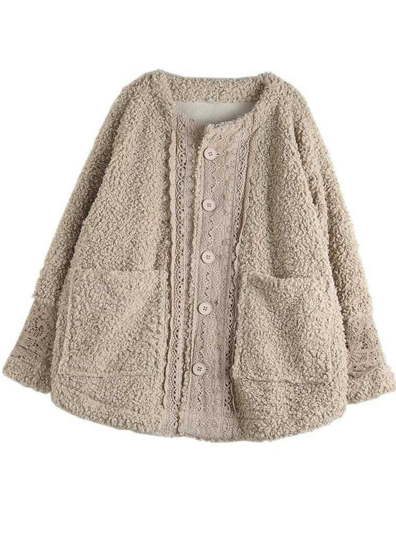 Khaki O-neck Lacer Patchwork Teddy Faux Fur Parka Winter