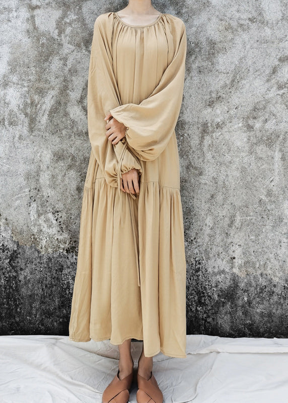 Khaki O-neck Patchwork Lazy Long Dresses Long Sleeve