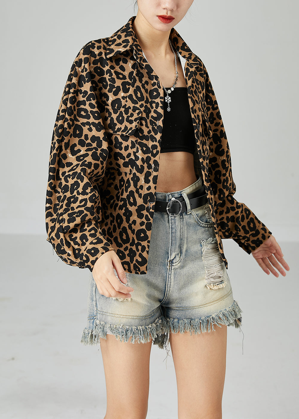 Khaki Oversized Leopard Print Cotton Coat Batwing Sleeve