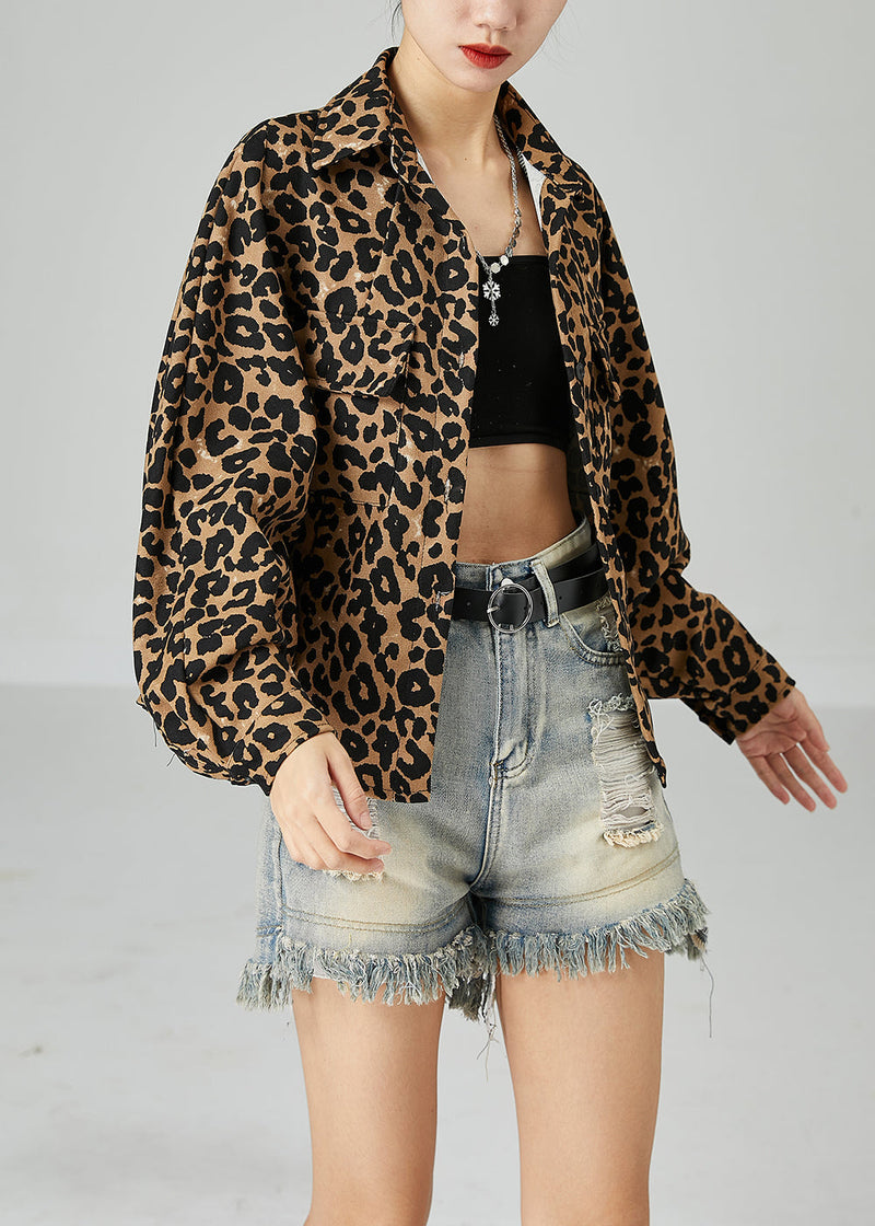 Khaki Oversized Leopard Print Cotton Coat Batwing Sleeve