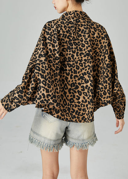 Khaki Oversized Leopard Print Cotton Coat Batwing Sleeve