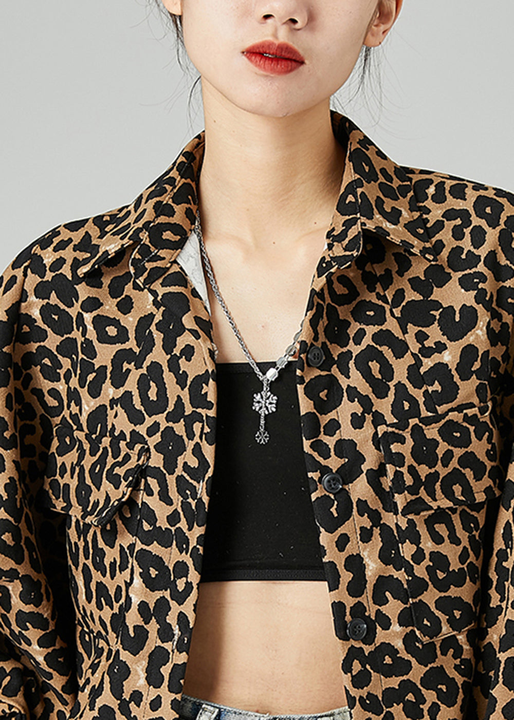 Khaki Oversized Leopard Print Cotton Coat Batwing Sleeve