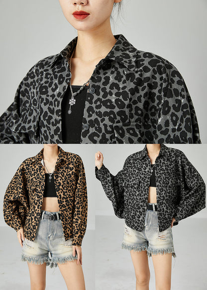 Khaki Oversized Leopard Print Cotton Coat Batwing Sleeve