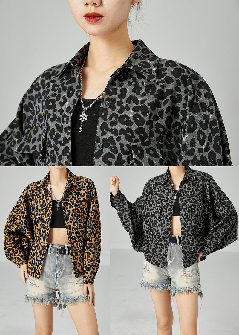 Khaki Oversized Leopard Print Cotton Coat Batwing Sleeve